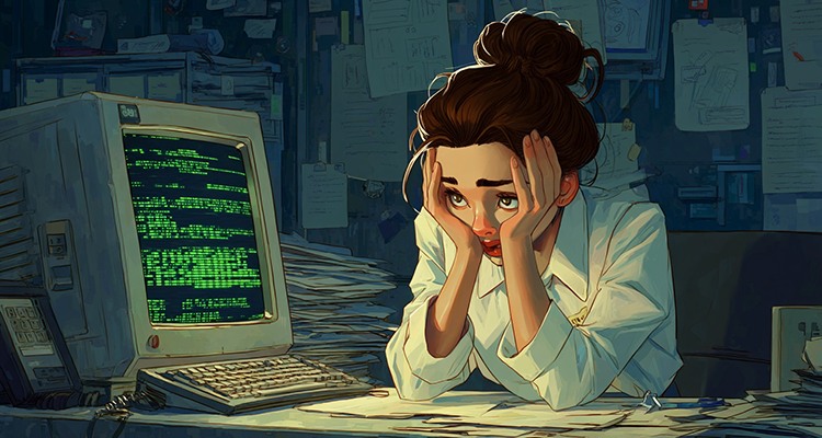 Illustration: an agent overwhelmed at a paper-piled desk with an old green-screen terminal