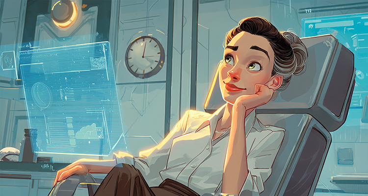 Illustration: a relaxed agent reclining beside a holographic screen